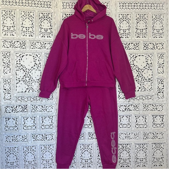 Bebe Sport Fuchsia Pink Sweatshirt And Jogger Beaded Logo Set Sz XL - Picture 1 of 8